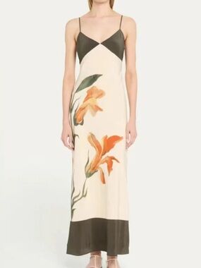 Floral Slip Maxi Dress in Cream and Dark Taupe w/ Apricot Flora: Small